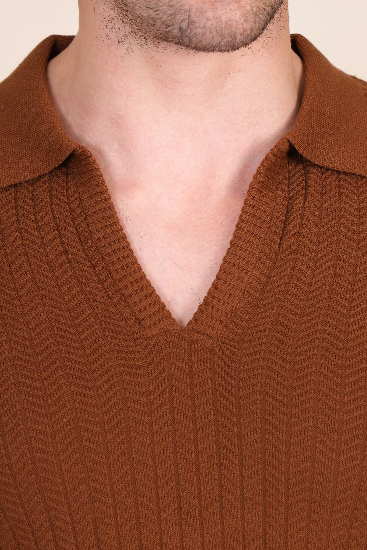 Herringbone Brown Half Sleeve Knit Polo by ITALIAN VEGA®
