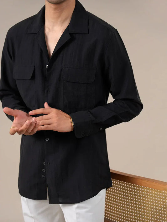Italian Vega Crumple Linen Cuban Collar Dual Pocket Shirt