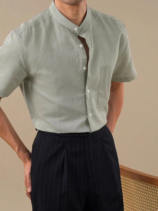 Italian Vega - Band Collar Solid Linen Shirt
