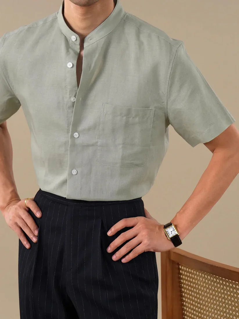 Italian Vega - Band Collar Solid Linen Shirt