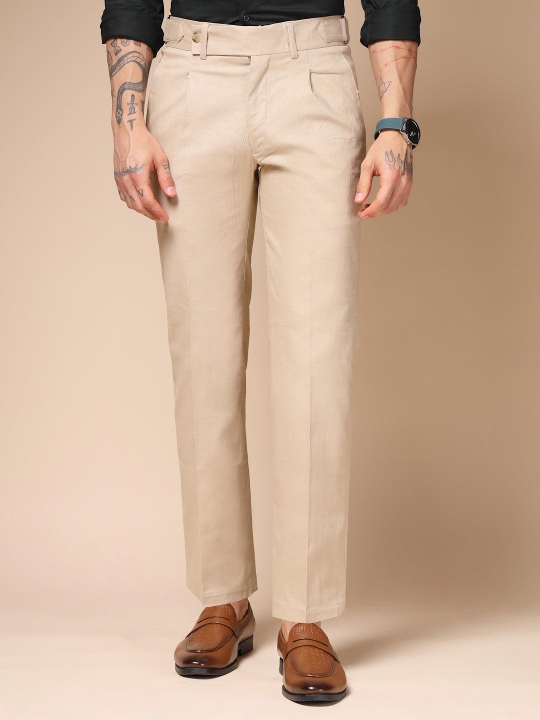 Beige Linen Oxford Gurkha Pants | Boot Cut Fit by ITALIAN VEGA®
