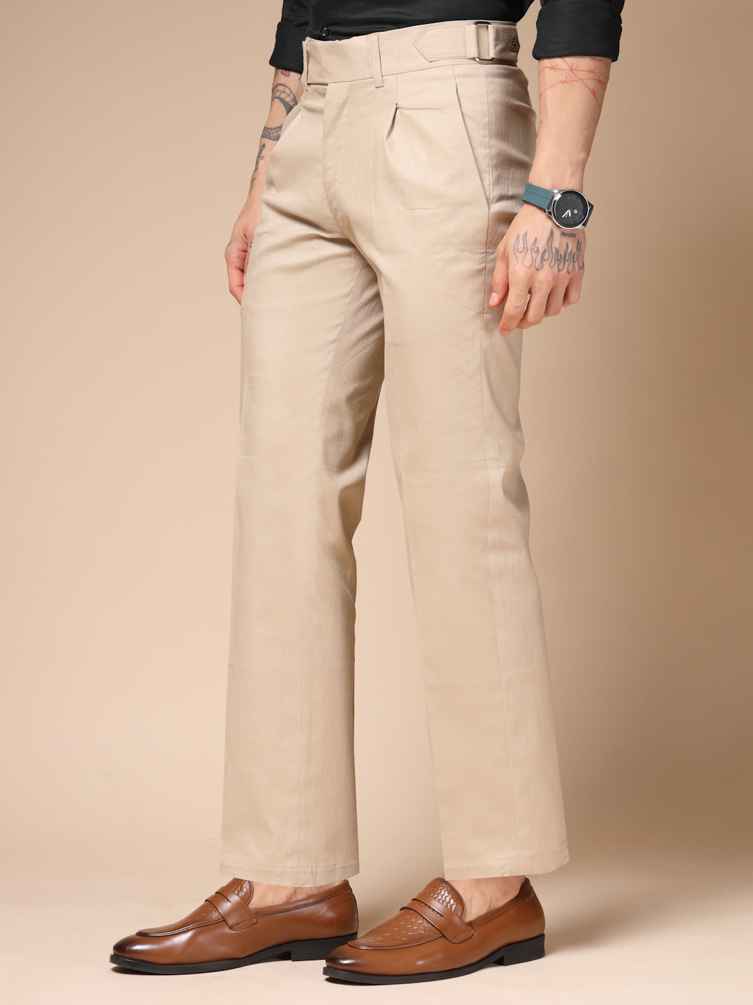 Beige Linen Oxford Gurkha Pants | Boot Cut Fit by ITALIAN VEGA®
