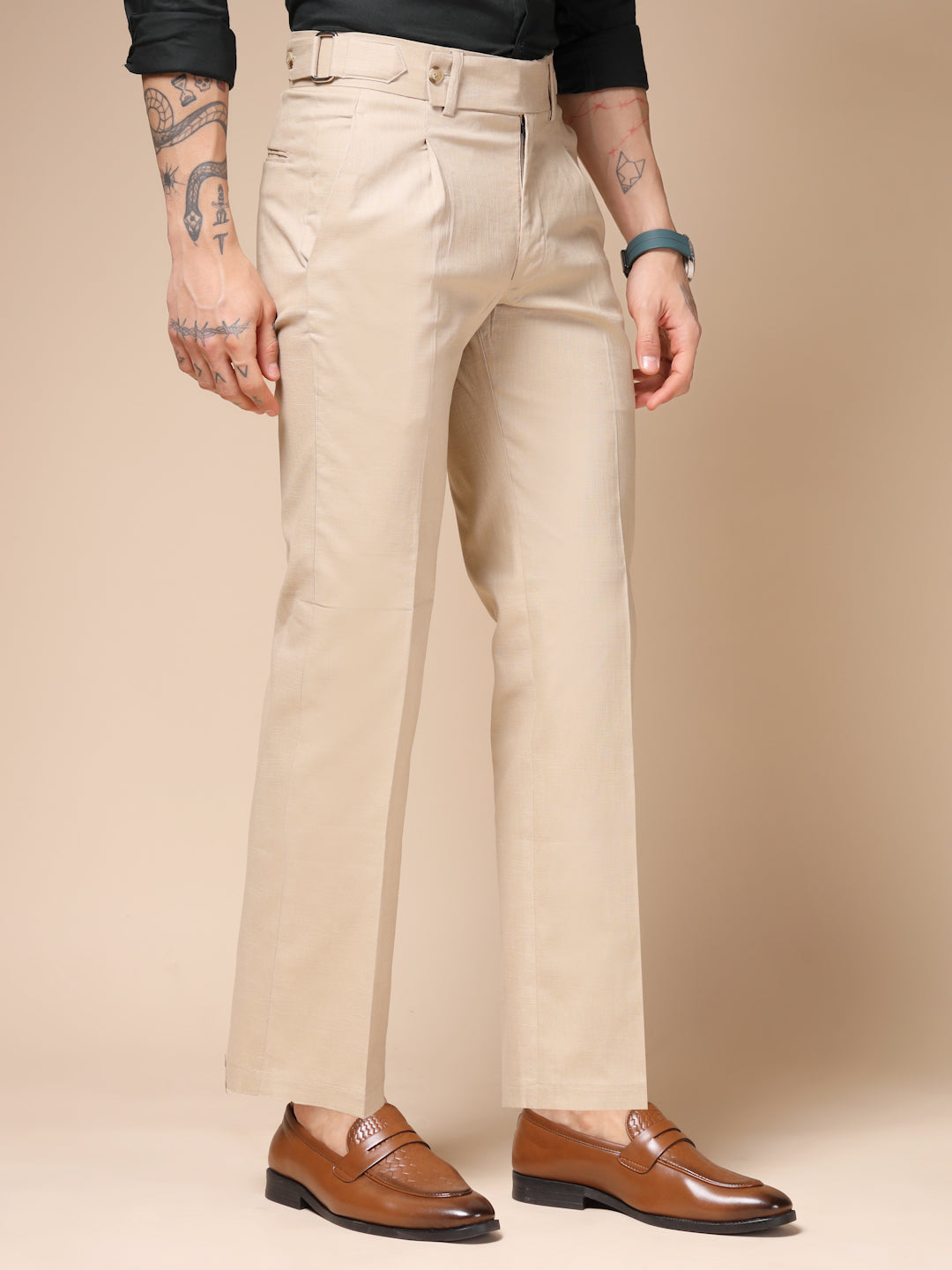 Beige Linen Oxford Gurkha Pants | Boot Cut Fit by ITALIAN VEGA®