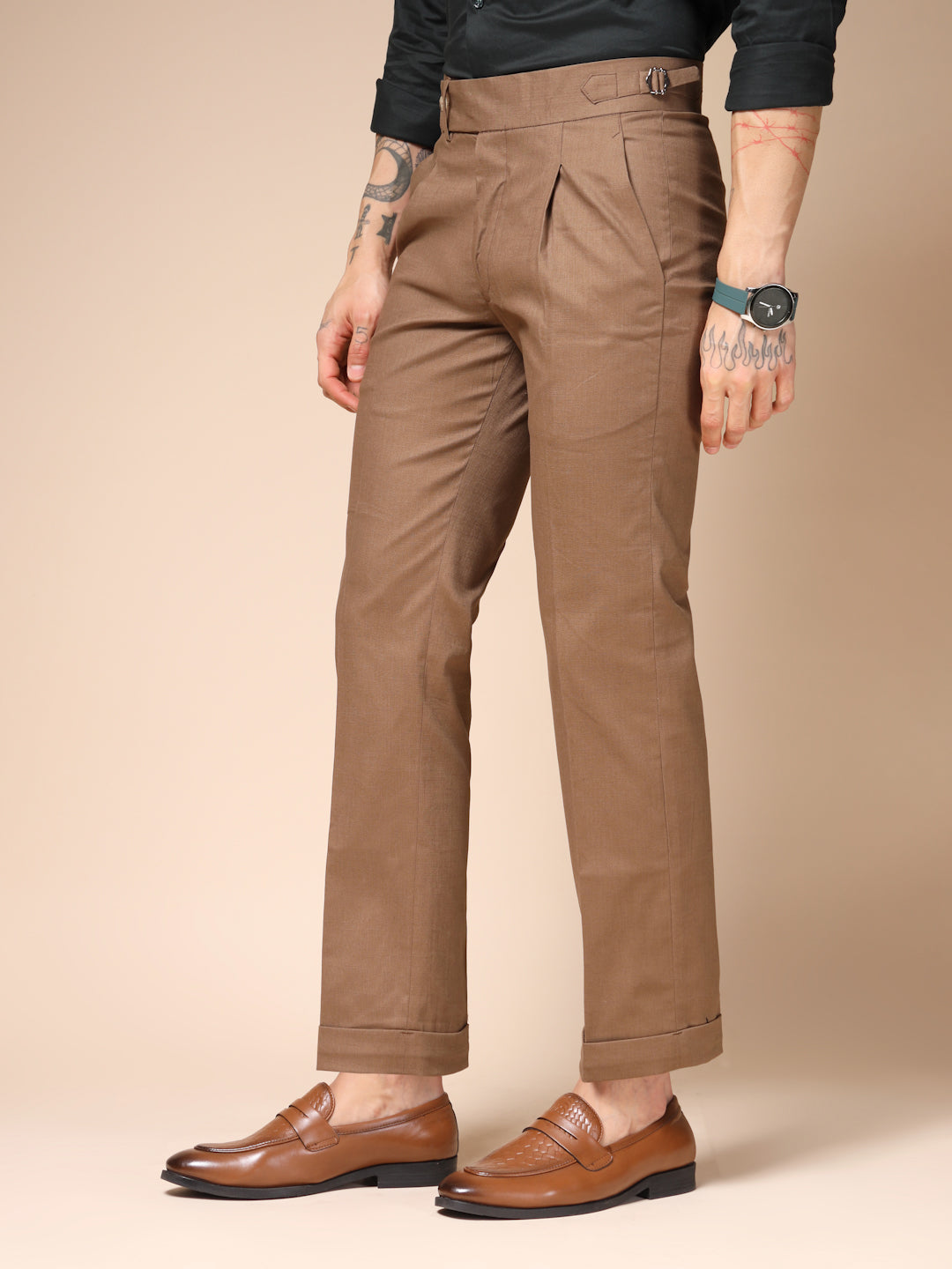 Khakhi Linen Elegant Gurkha Pants | Boot Cut Fit by ITALIAN VEGA®