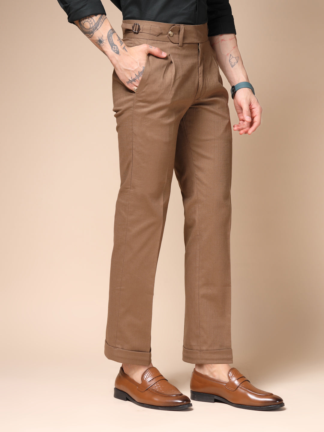 Khakhi Linen Elegant Gurkha Pants | Boot Cut Fit by ITALIAN VEGA®
