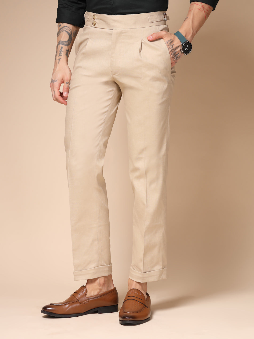 Beige Linen Signature Buttoned Gurkha Pants | Boot Cut Fit by ITALIAN VEGA®