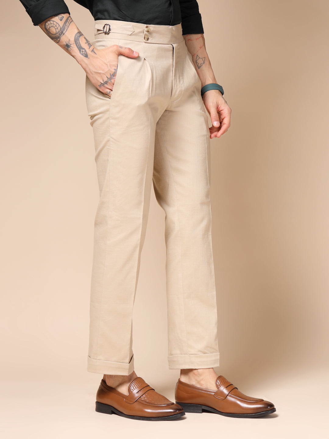 Beige Linen Signature Buttoned Gurkha Pants | Boot Cut Fit by ITALIAN VEGA®