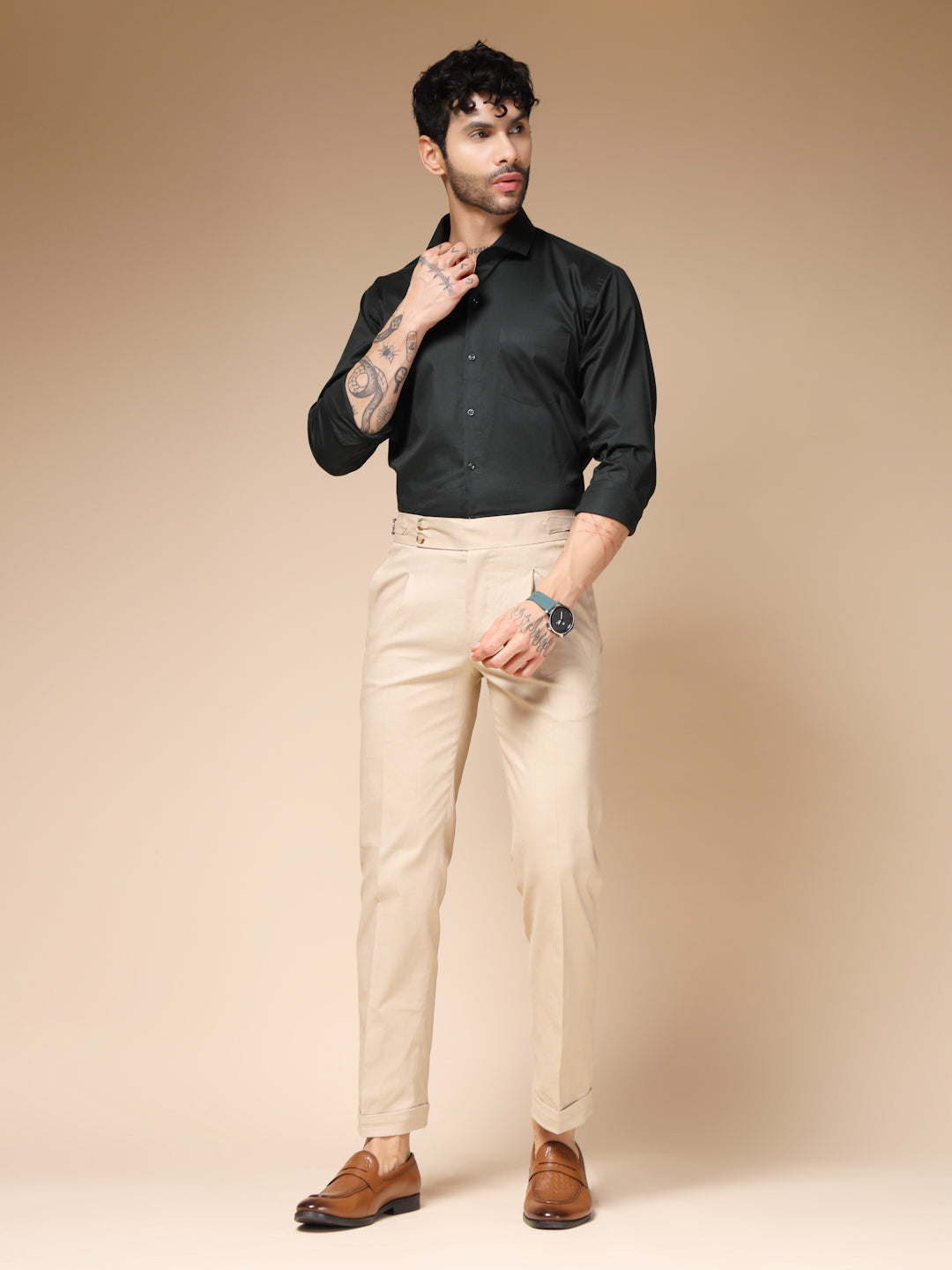 Beige Linen Signature Buttoned Gurkha Pants | Boot Cut Fit by ITALIAN VEGA®