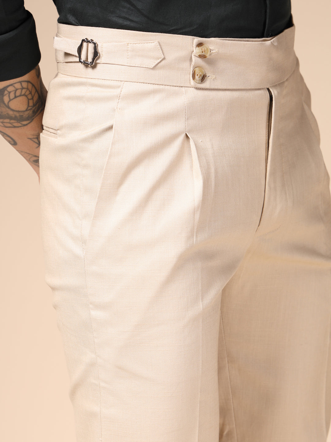 Beige Linen Signature Buttoned Gurkha Pants | Boot Cut Fit by ITALIAN VEGA®