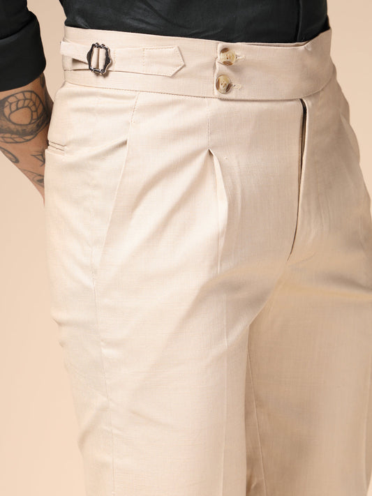 Beige Linen Signature Buttoned Gurkha Pants | Boot Cut Fit by ITALIAN VEGA®