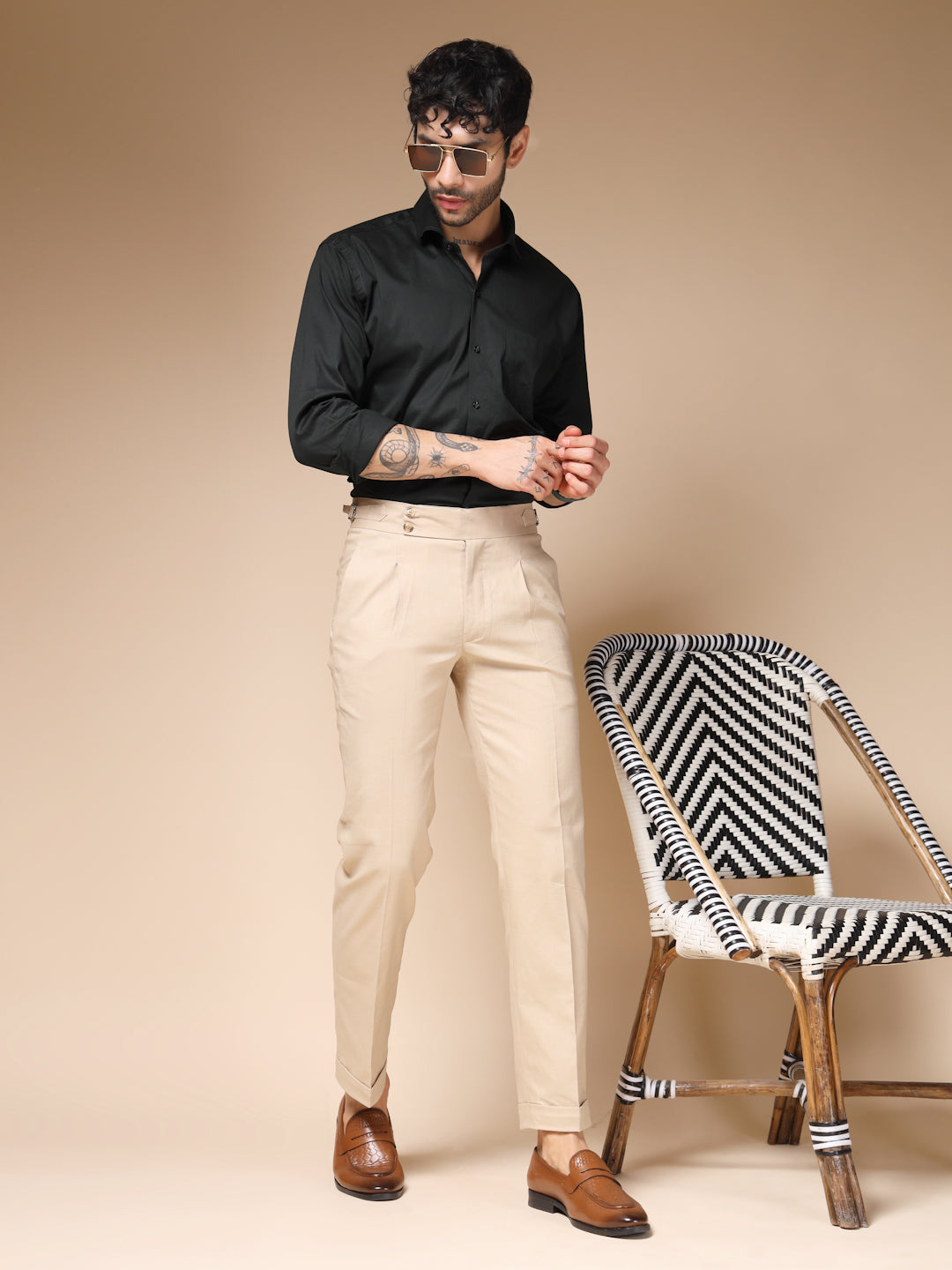 Beige Linen Signature Buttoned Gurkha Pants | Boot Cut Fit by ITALIAN VEGA®