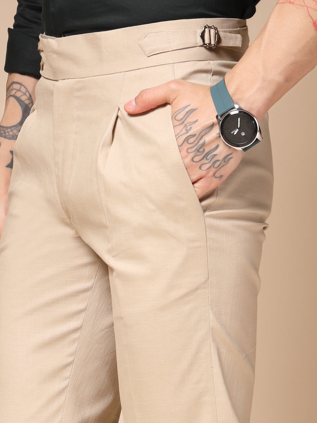 Beige Linen Signature Buttoned Gurkha Pants | Boot Cut Fit by ITALIAN VEGA®