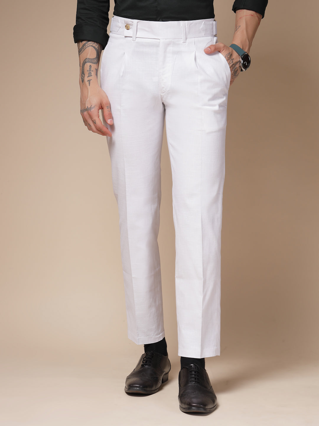 White Linen Oxford Gurkha Pants | Boot Cut Fit by ITALIAN VEGA®
