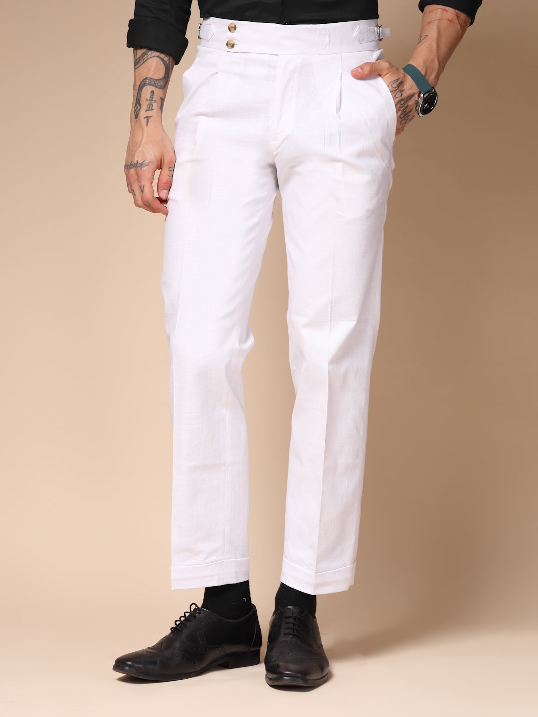 White Linen Signature Buttoned Gurkha Pants | Boot Cut Fit by ITALIAN VEGA®