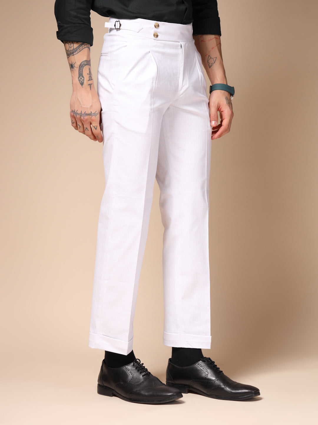 White Linen Signature Buttoned Gurkha Pants | Boot Cut Fit by ITALIAN VEGA®