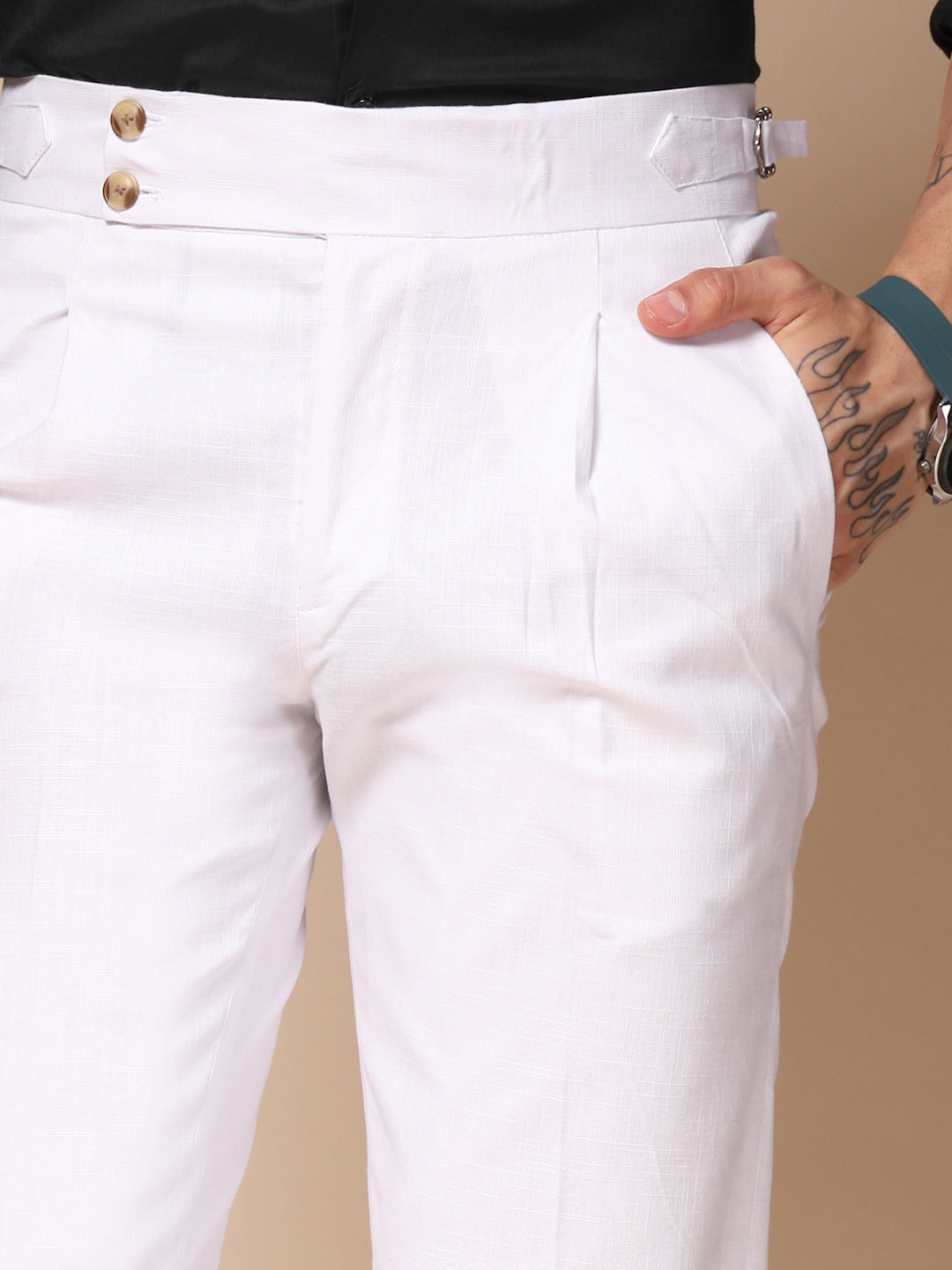 White Linen Signature Buttoned Gurkha Pants | Boot Cut Fit by ITALIAN VEGA®