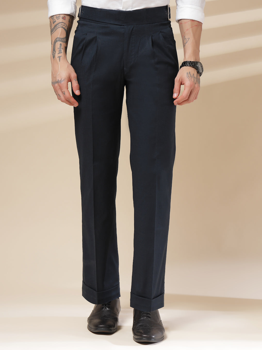 Navy Linen Classic Buckle Gurkha Pants – Boot Cut Fit by ITALIAN VEGA®