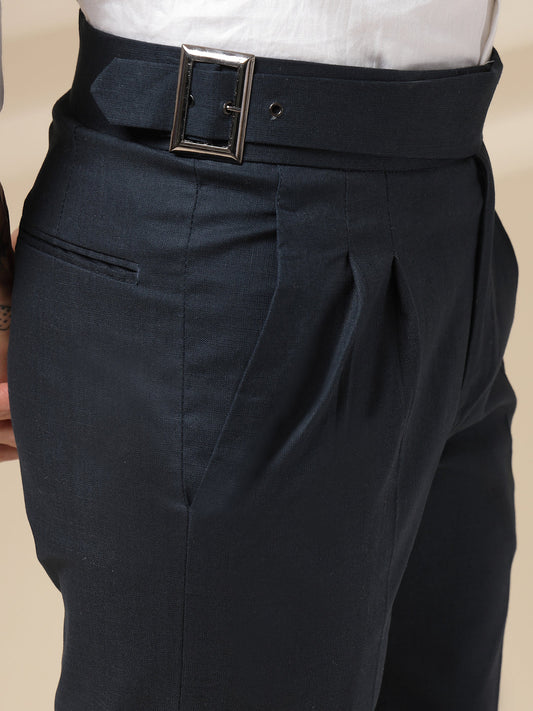 Navy Linen Classic Buckle Gurkha Pants – Boot Cut Fit by ITALIAN VEGA®