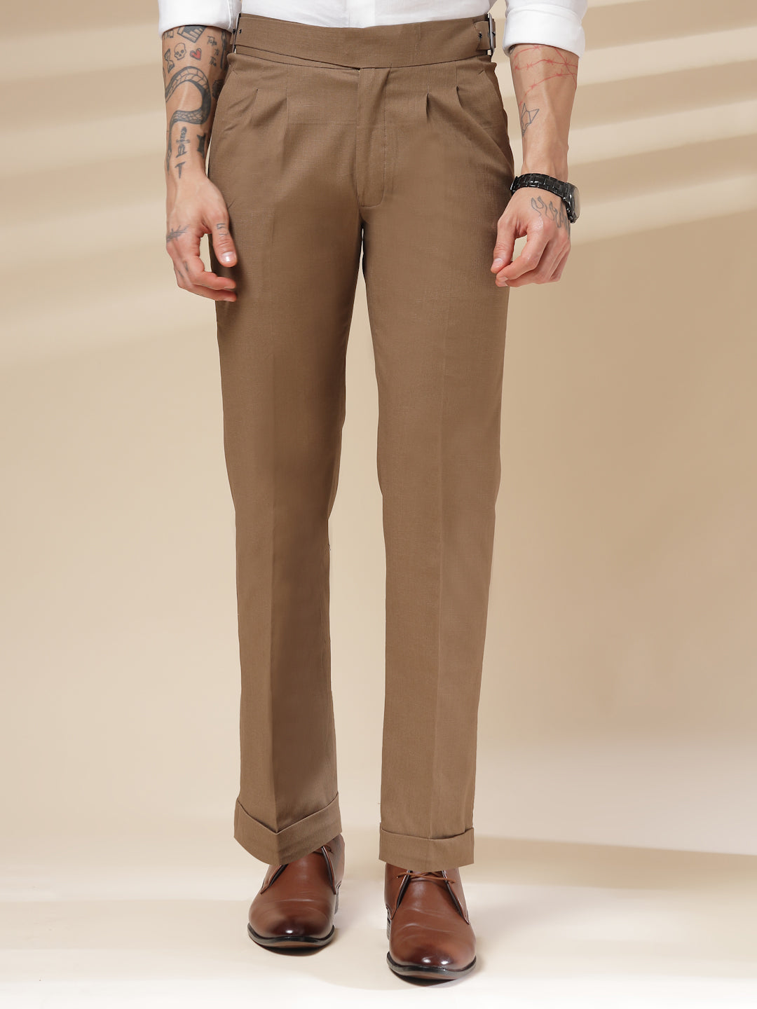 Khakhi Linen Classic Buckle Gurkha Pants – Boot Cut Fit by ITALIAN VEGA®