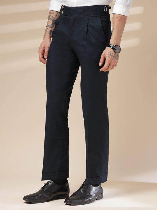 Navy Linen Signature Buttoned Gurkha Pants | Boot Cut Fit by ITALIAN VEGA®