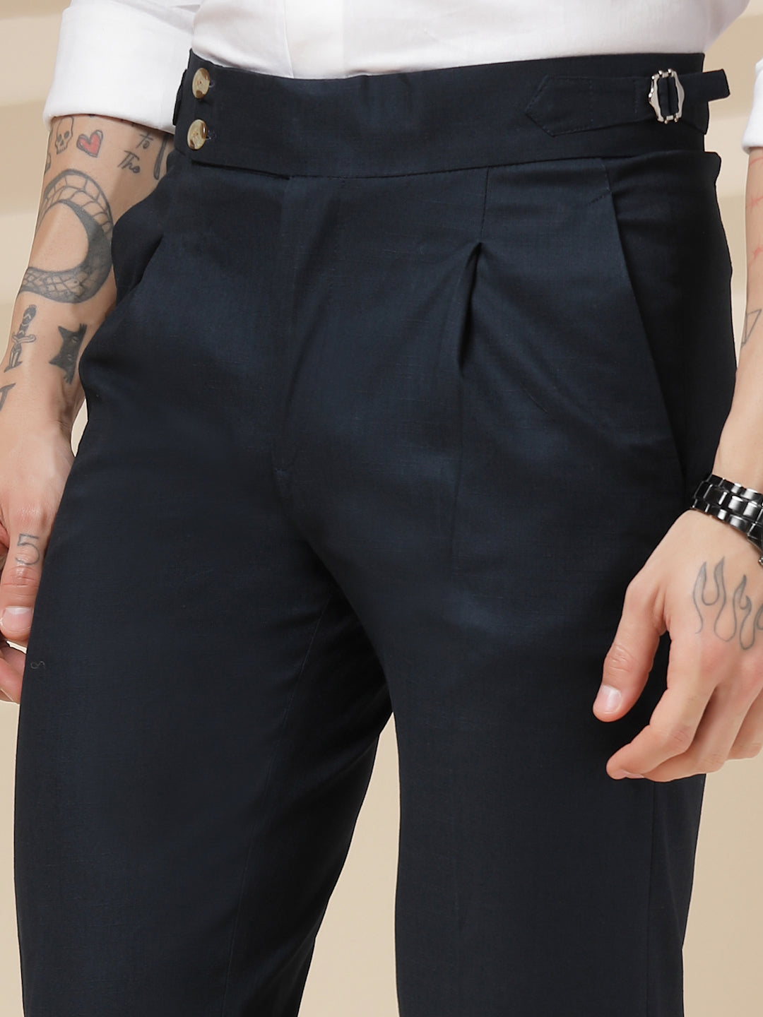 Navy Linen Signature Buttoned Gurkha Pants | Boot Cut Fit by ITALIAN VEGA®