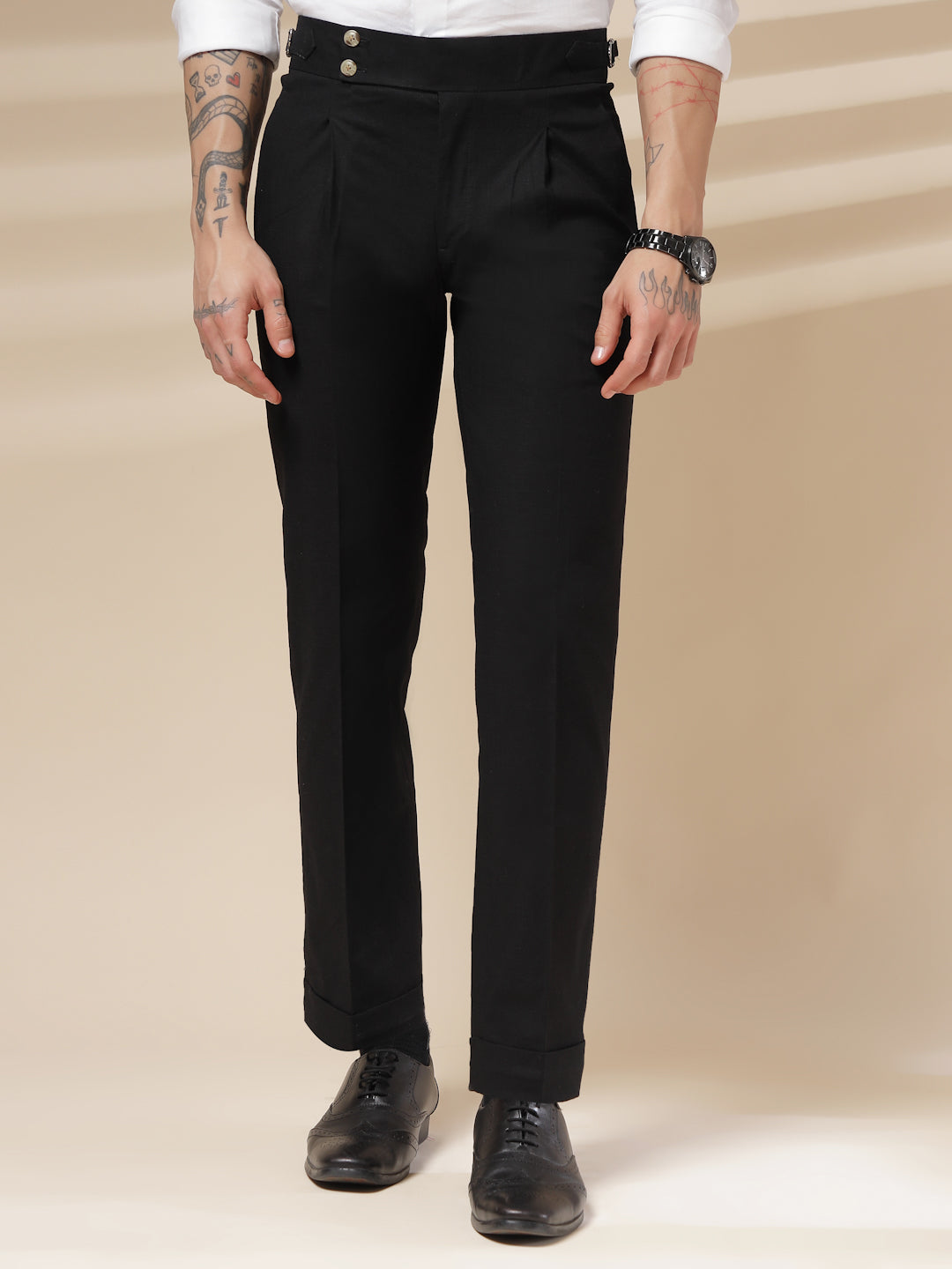 Black Linen Signature Buttoned Gurkha Pants | Boot Cut Fit by ITALIAN VEGA®