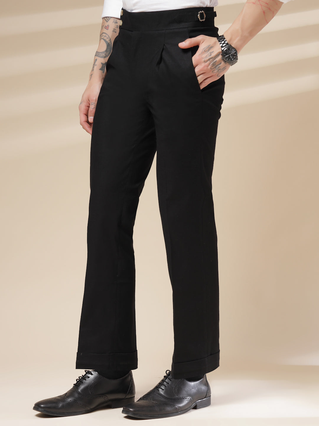 Black Linen Signature Buttoned Gurkha Pants | Boot Cut Fit by ITALIAN VEGA®