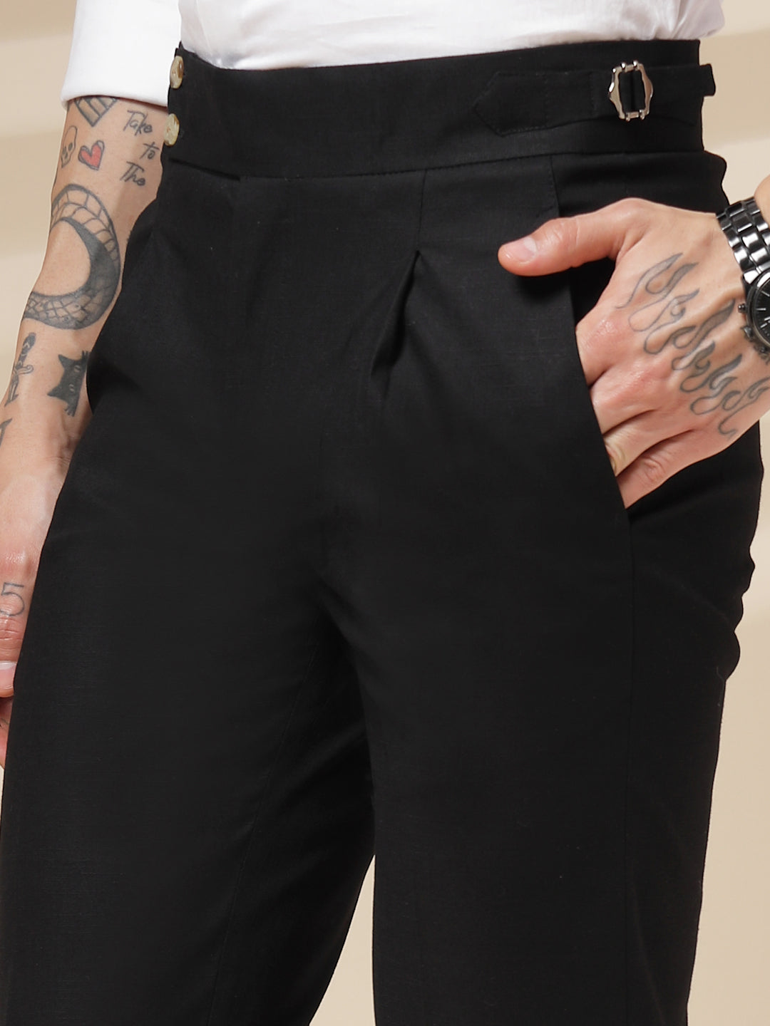 Black Linen Signature Buttoned Gurkha Pants | Boot Cut Fit by ITALIAN VEGA®