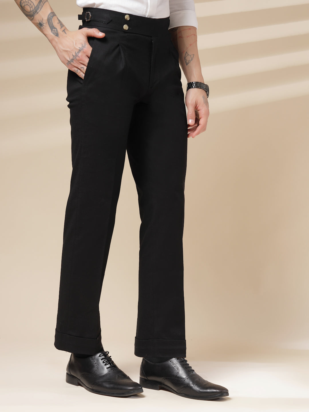 Black Linen Signature Buttoned Gurkha Pants | Boot Cut Fit by ITALIAN VEGA®