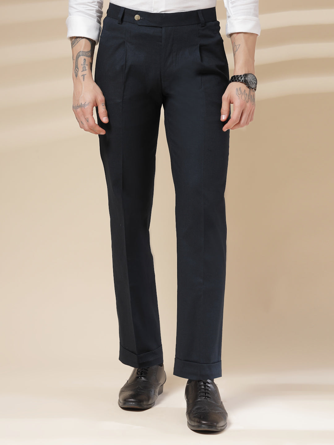 Navy Linen Formal Pleated Gurkha Pants | Boot Cut Fit by ITALIAN VEGA®