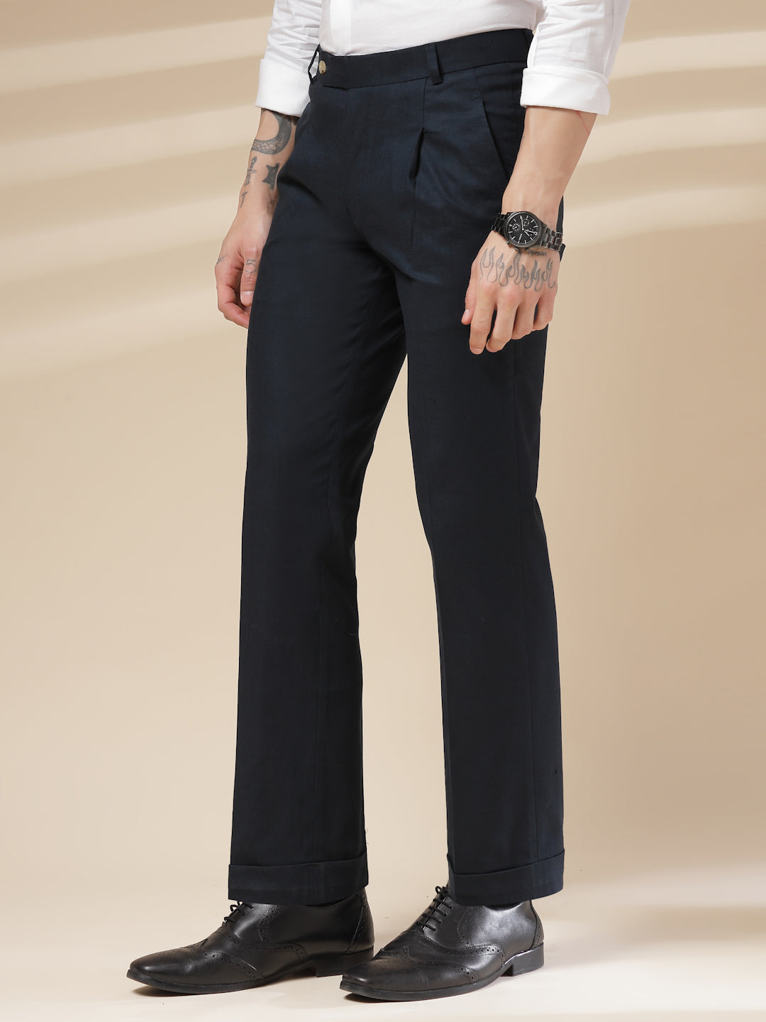 Navy Linen Formal Pleated Gurkha Pants | Boot Cut Fit by ITALIAN VEGA®