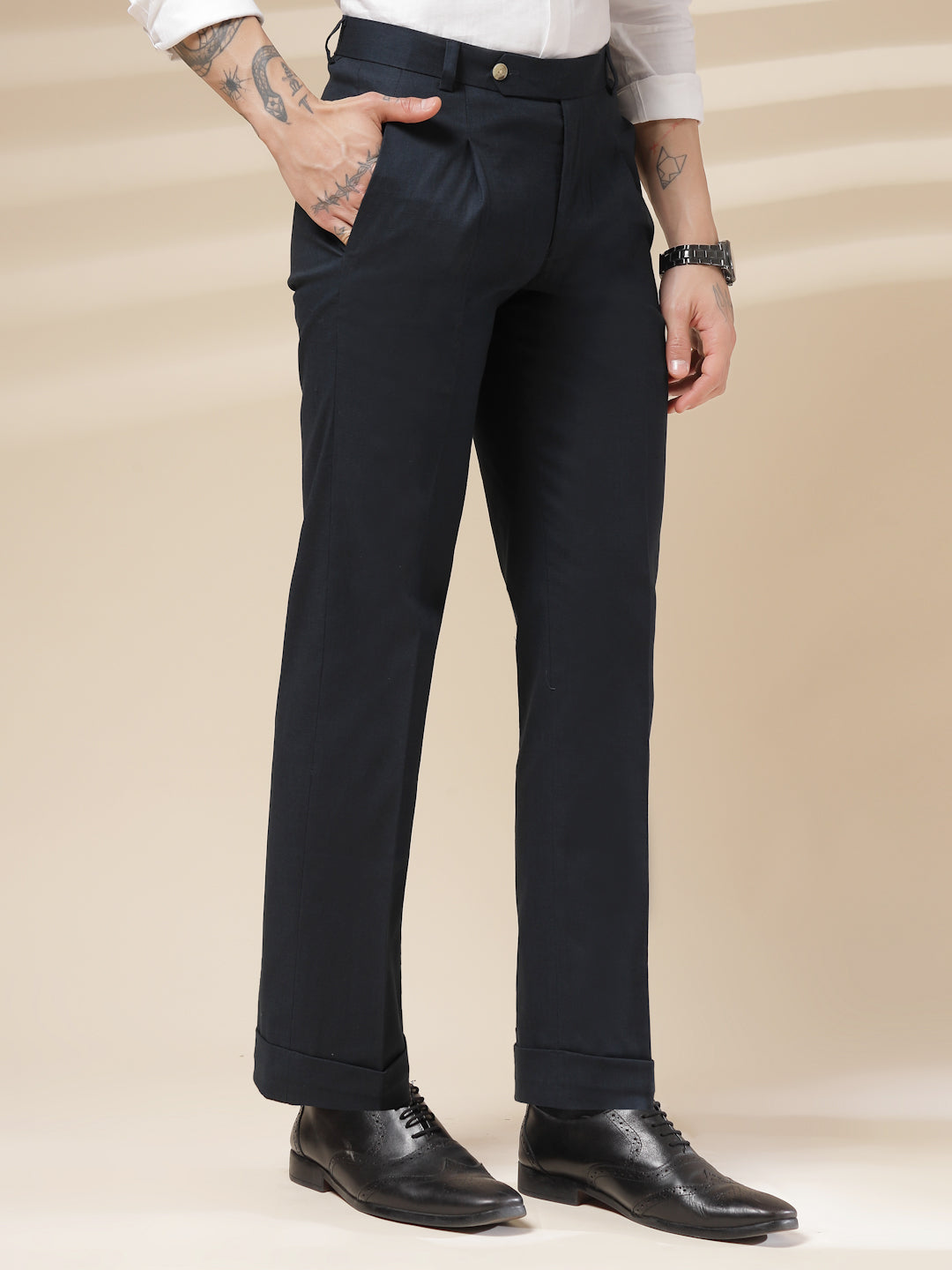 Navy Linen Formal Pleated Gurkha Pants | Boot Cut Fit by ITALIAN VEGA®
