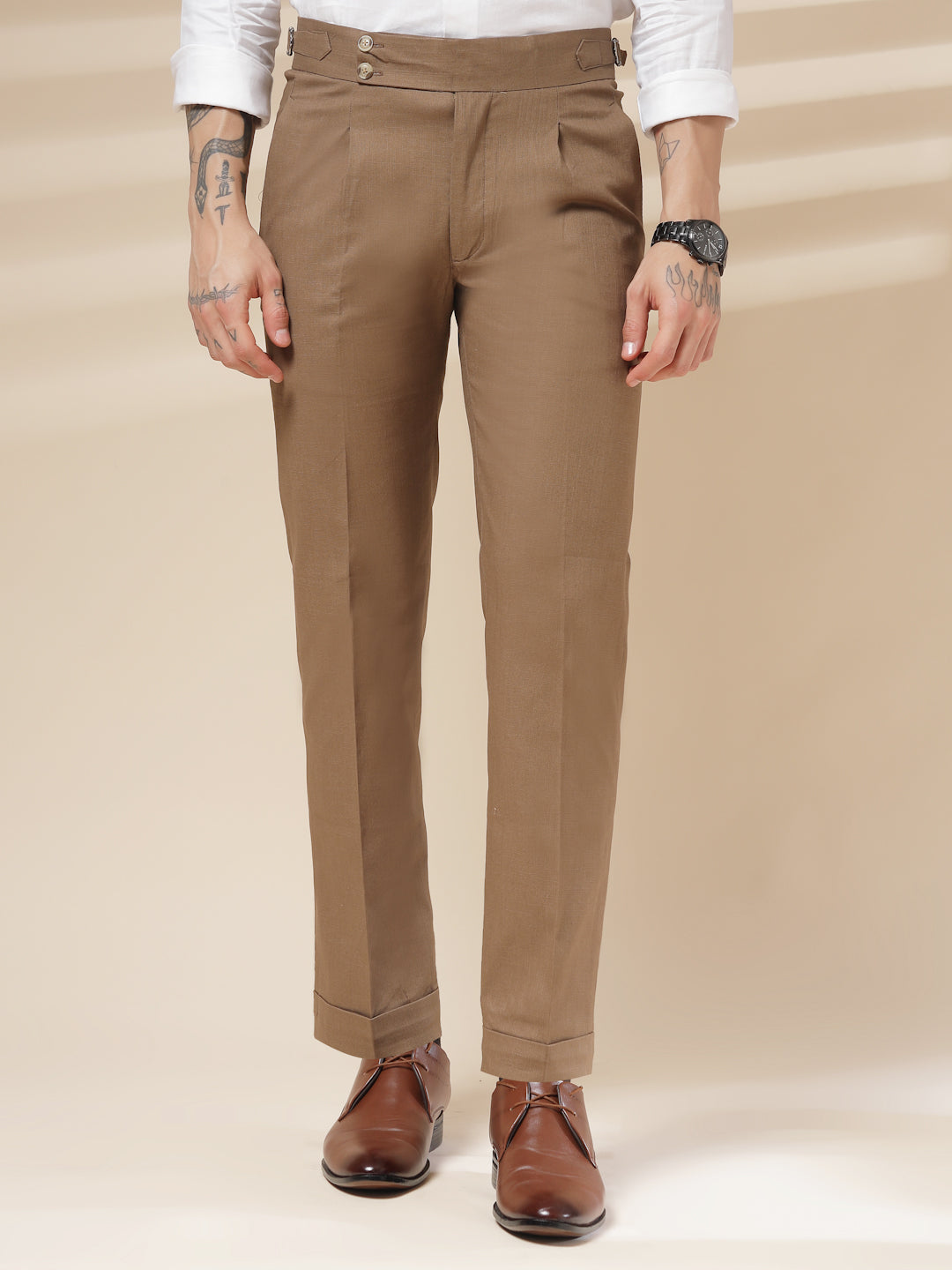 Khakhi Linen Signature Buttoned Gurkha Pants | Boot Cut Fit by ITALIAN VEGA®
