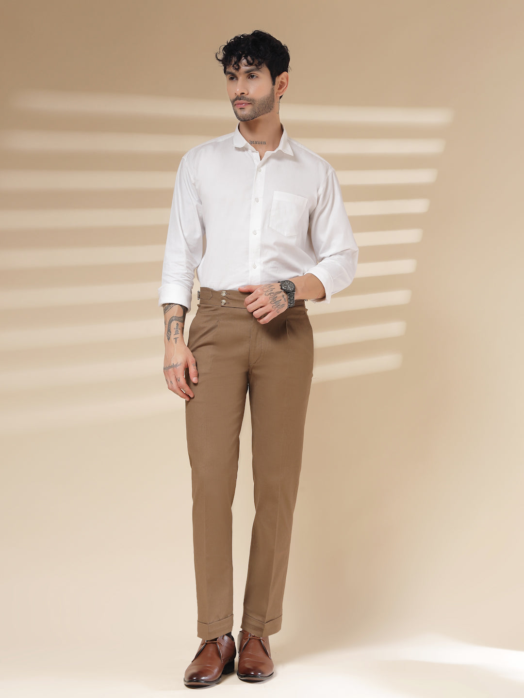 Khakhi Linen Signature Buttoned Gurkha Pants | Boot Cut Fit by ITALIAN VEGA®