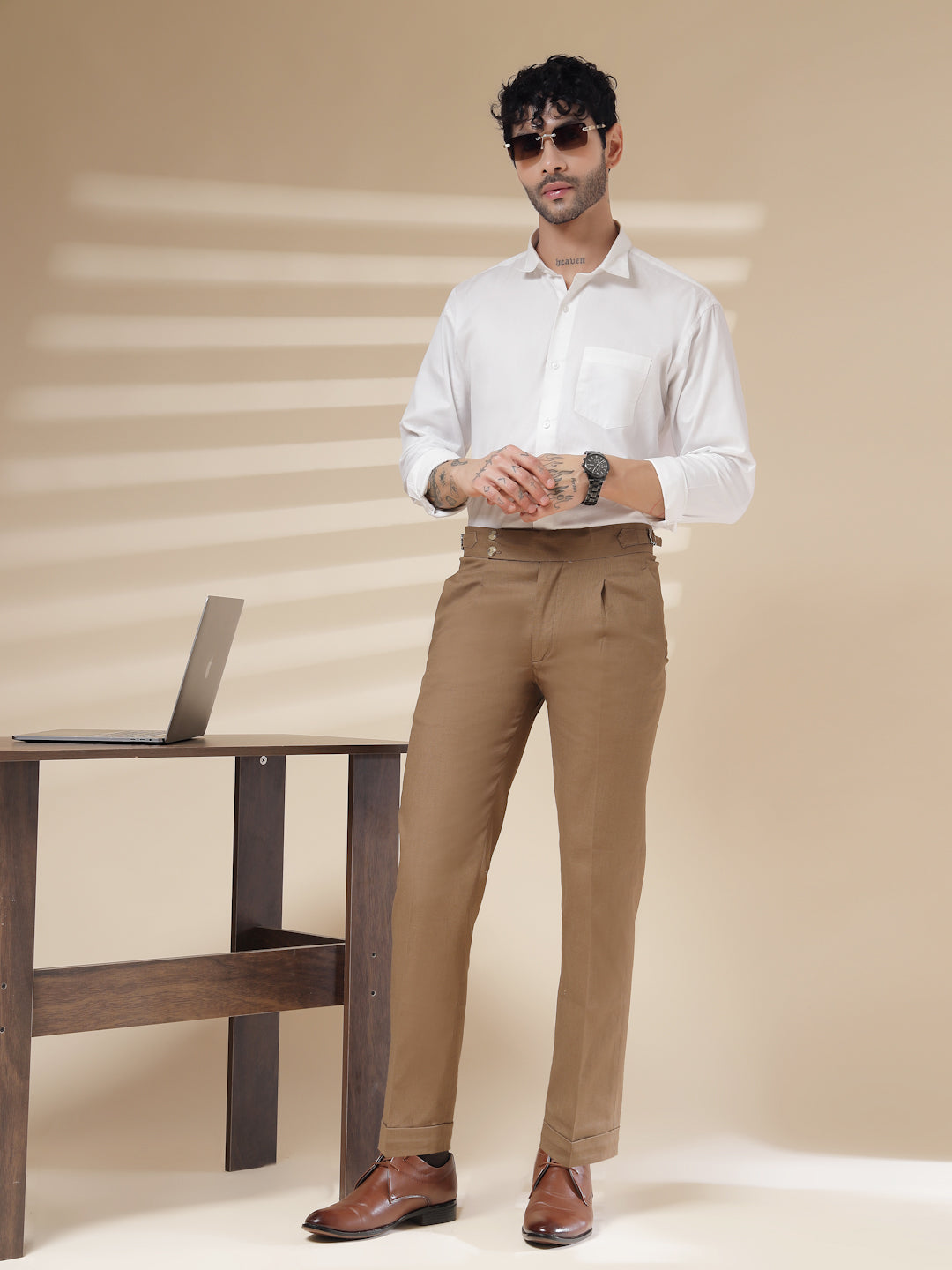 Khakhi Linen Signature Buttoned Gurkha Pants | Boot Cut Fit by ITALIAN VEGA®