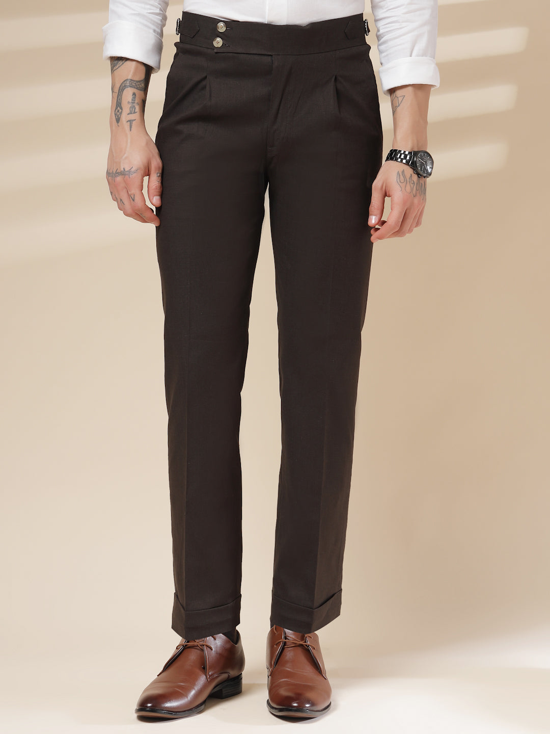 Brown Linen Signature Buttoned Gurkha Pants | Boot Cut Fit by ITALIAN VEGA®
