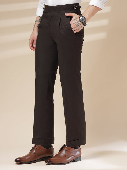 Brown Linen Signature Buttoned Gurkha Pants | Boot Cut Fit by ITALIAN VEGA®