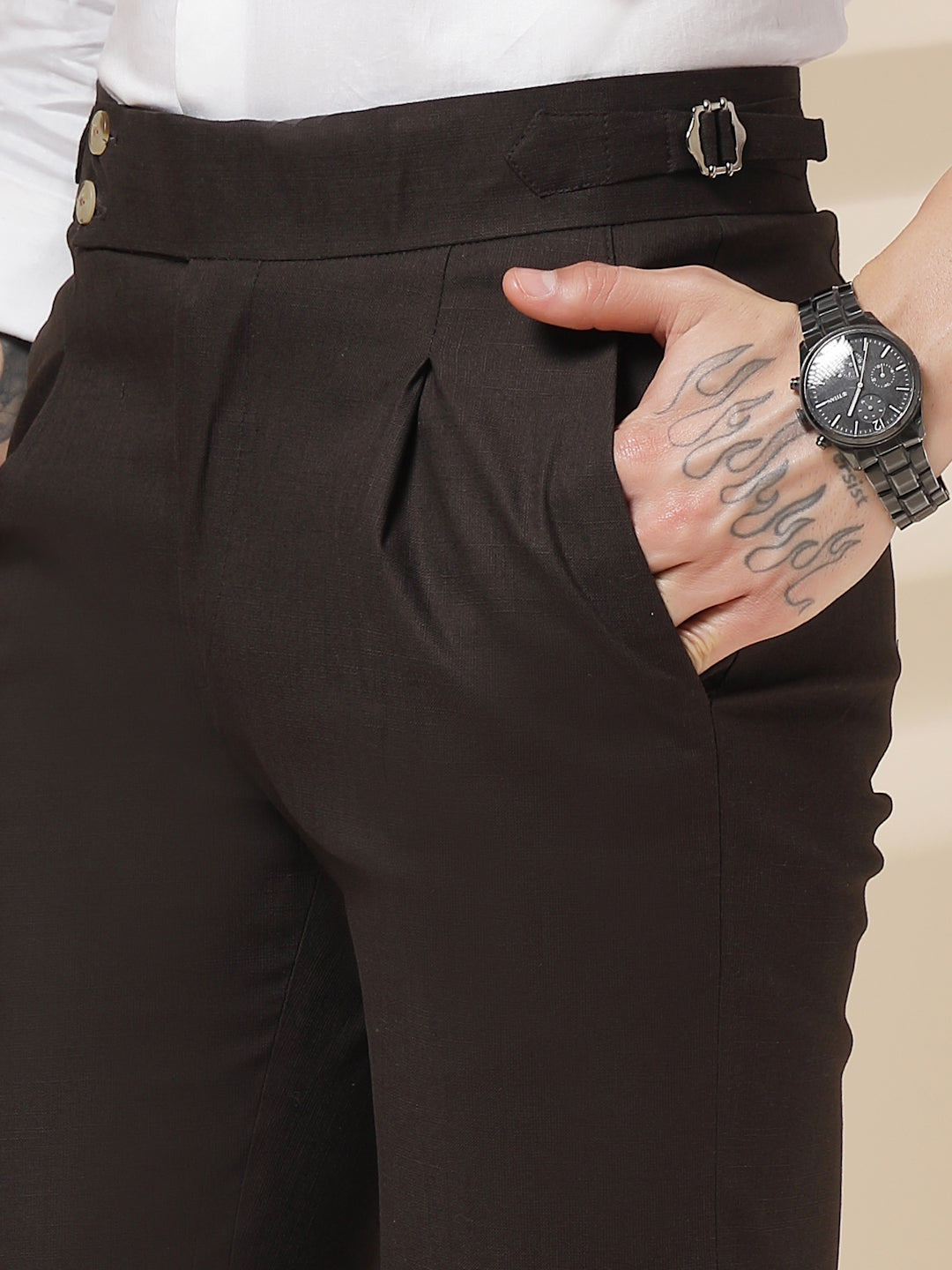 Brown Linen Signature Buttoned Gurkha Pants | Boot Cut Fit by ITALIAN VEGA®