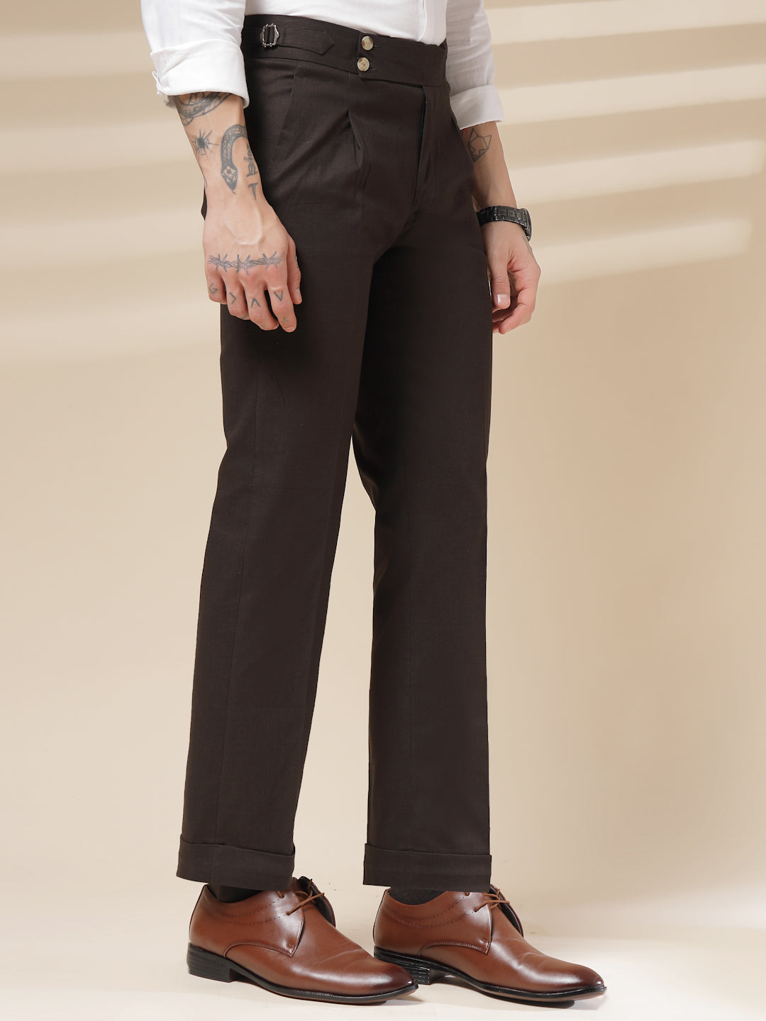 Brown Linen Signature Buttoned Gurkha Pants | Boot Cut Fit by ITALIAN VEGA®