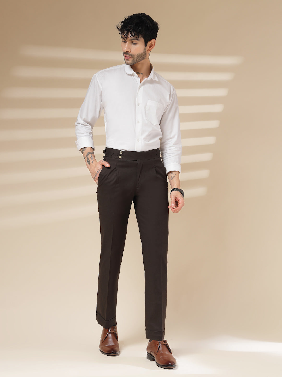 Brown Linen Signature Buttoned Gurkha Pants | Boot Cut Fit by ITALIAN VEGA®