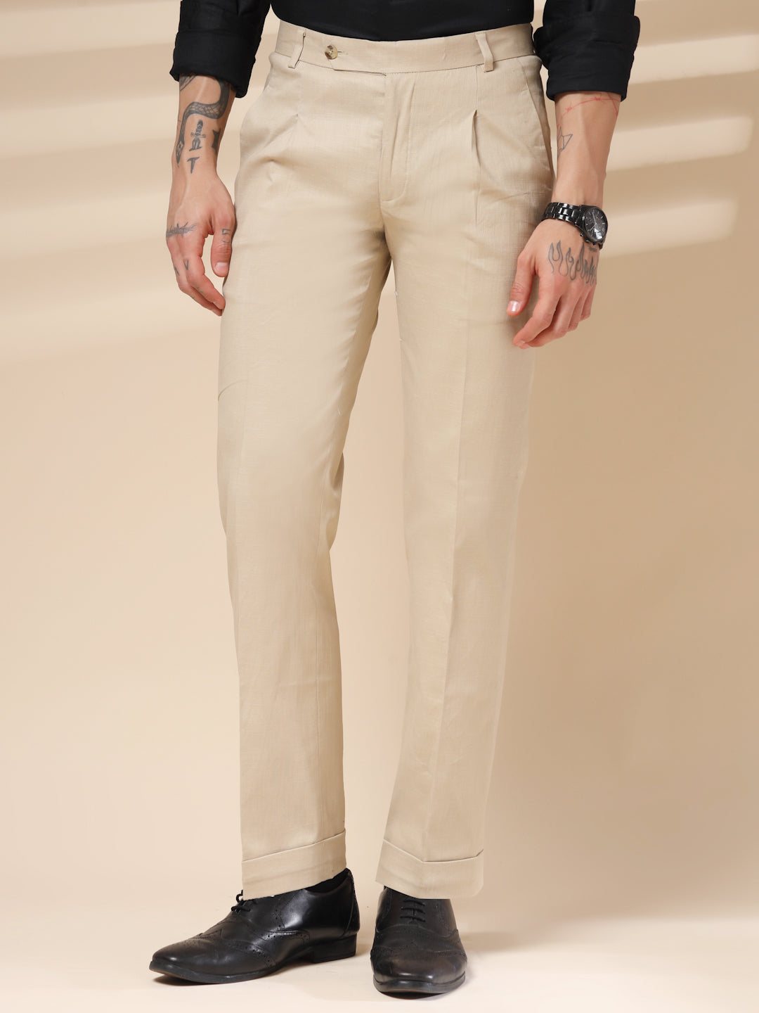 Beige Linen Formal Pleated Gurkha Pants | Boot Cut Fit by ITALIAN VEGA®