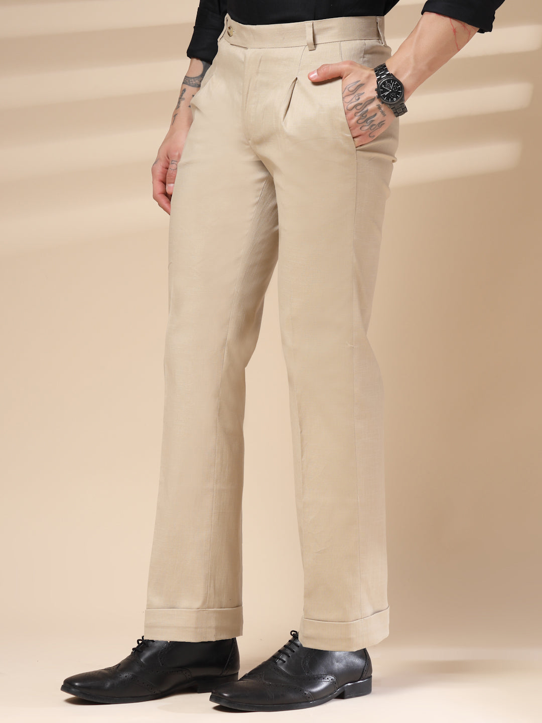 Beige Linen Formal Pleated Gurkha Pants | Boot Cut Fit by ITALIAN VEGA®