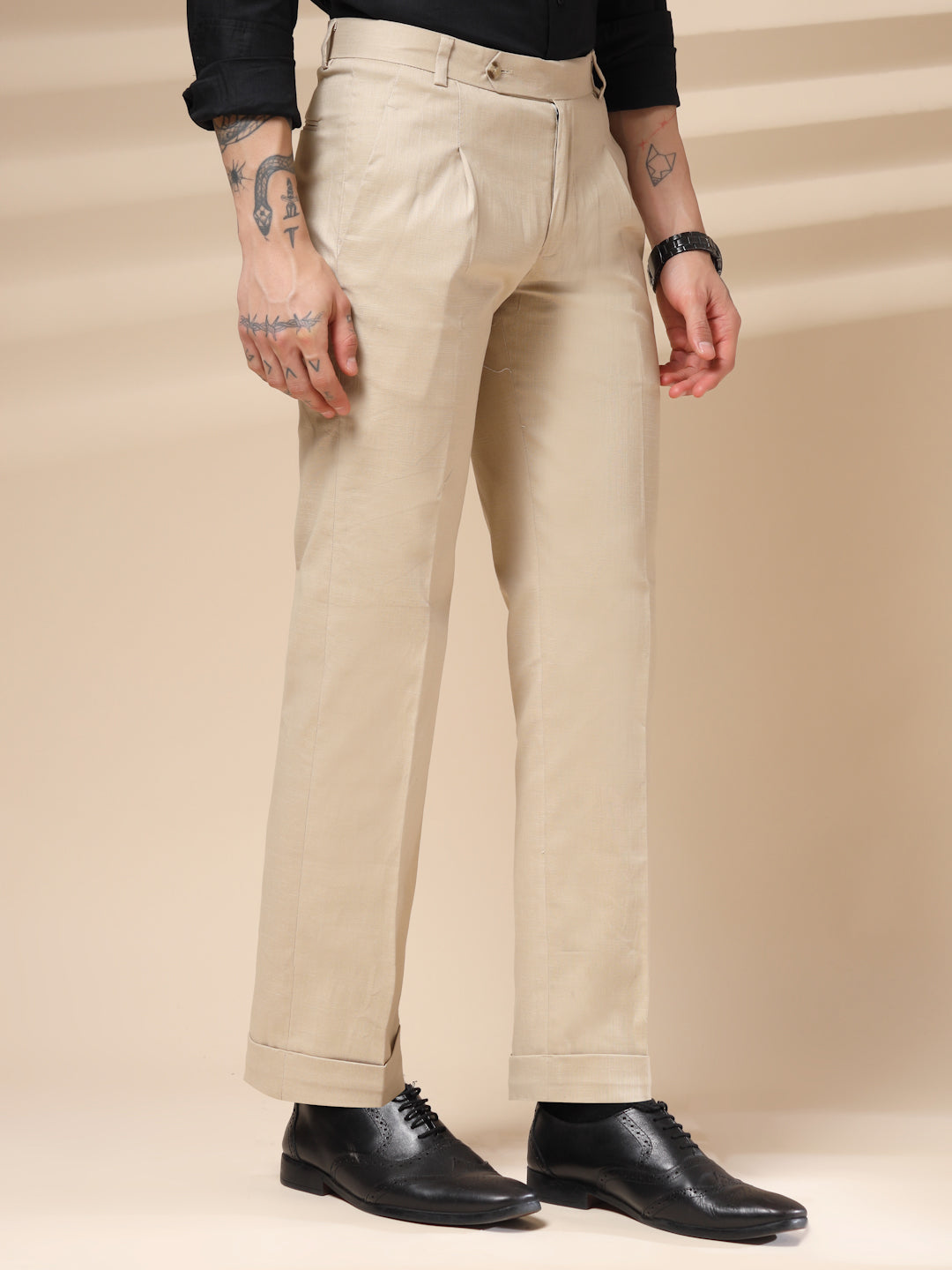 Beige Linen Formal Pleated Gurkha Pants | Boot Cut Fit by ITALIAN VEGA®