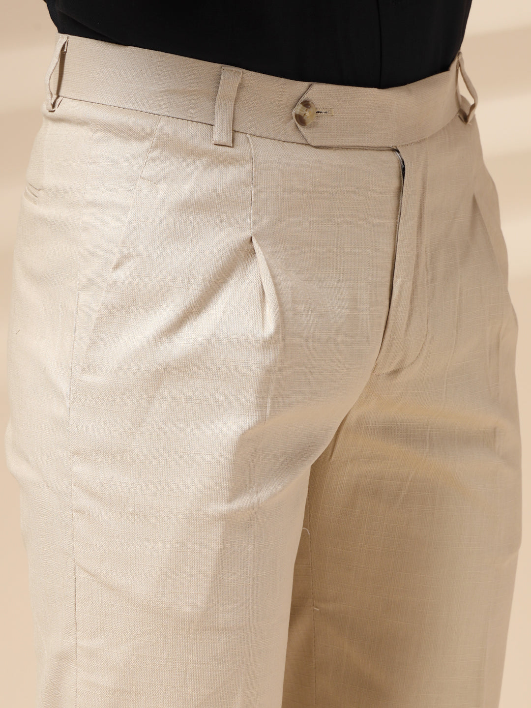 Beige Linen Formal Pleated Gurkha Pants | Boot Cut Fit by ITALIAN VEGA®