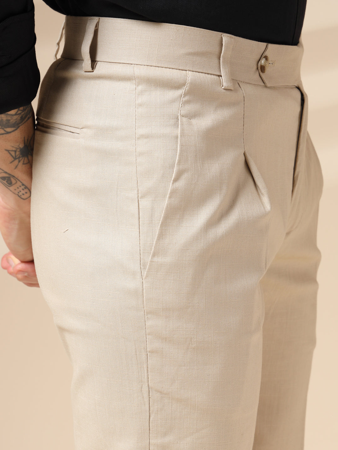 Beige Linen Formal Pleated Gurkha Pants | Boot Cut Fit by ITALIAN VEGA®