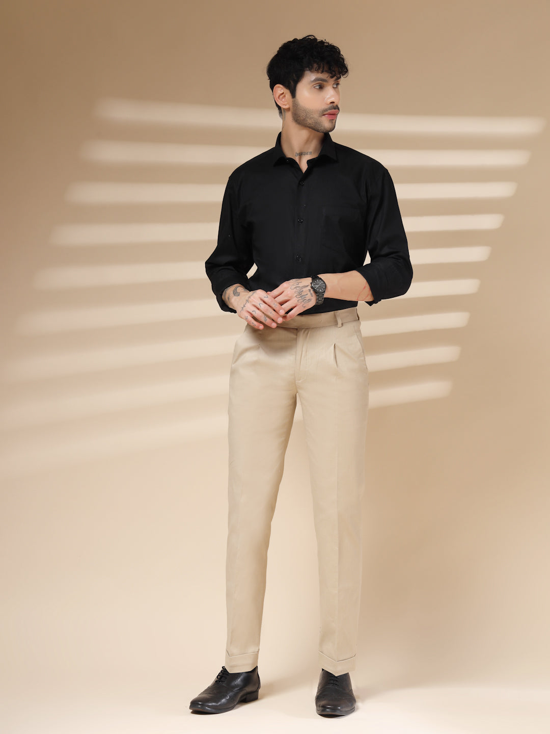 Beige Linen Formal Pleated Gurkha Pants | Boot Cut Fit by ITALIAN VEGA®