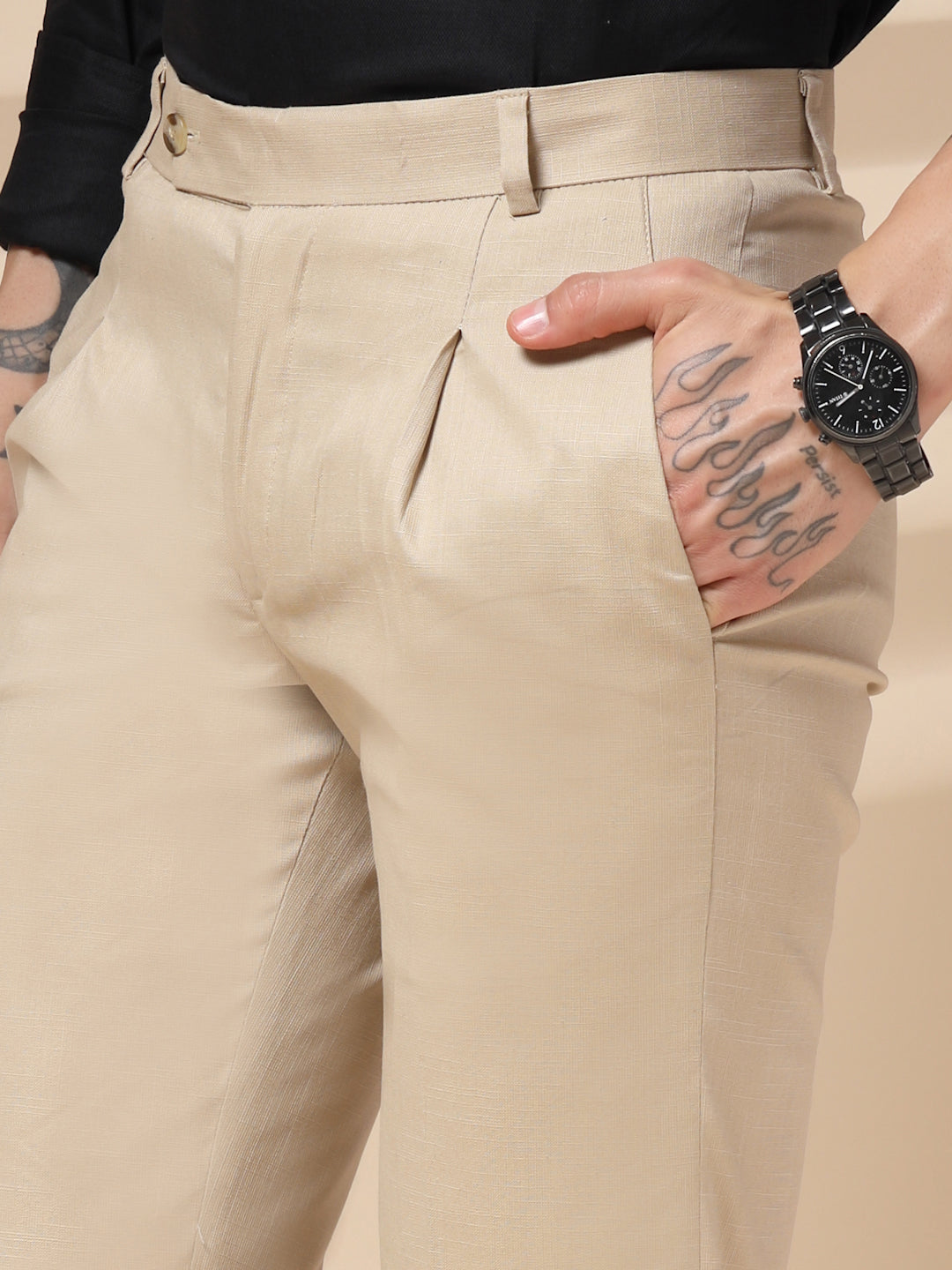 Beige Linen Formal Pleated Gurkha Pants | Boot Cut Fit by ITALIAN VEGA®