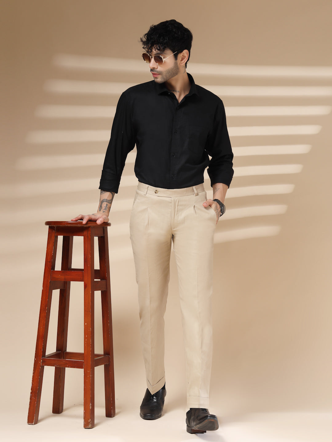 Beige Linen Formal Pleated Gurkha Pants | Boot Cut Fit by ITALIAN VEGA®