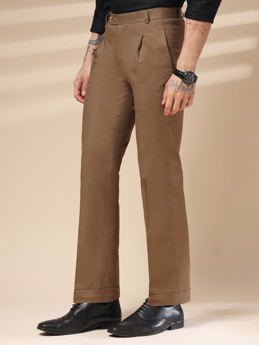 Khakhi Linen Formal Pleated Gurkha Pants | Boot Cut Fit by ITALIAN VEGA®