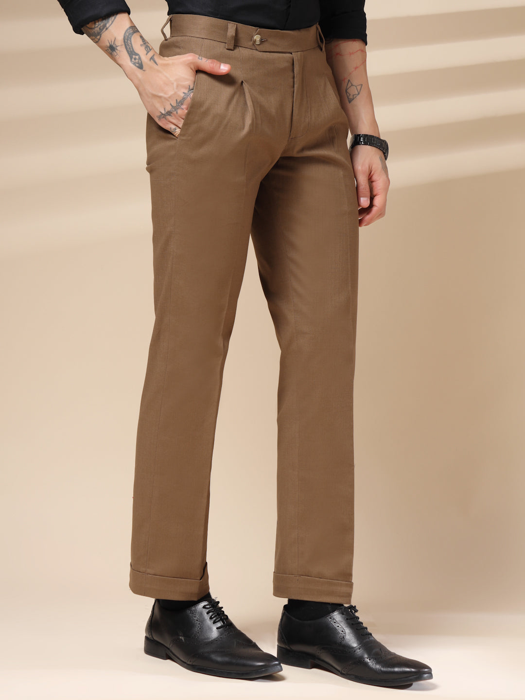 Khakhi Linen Formal Pleated Gurkha Pants | Boot Cut Fit by ITALIAN VEGA®
